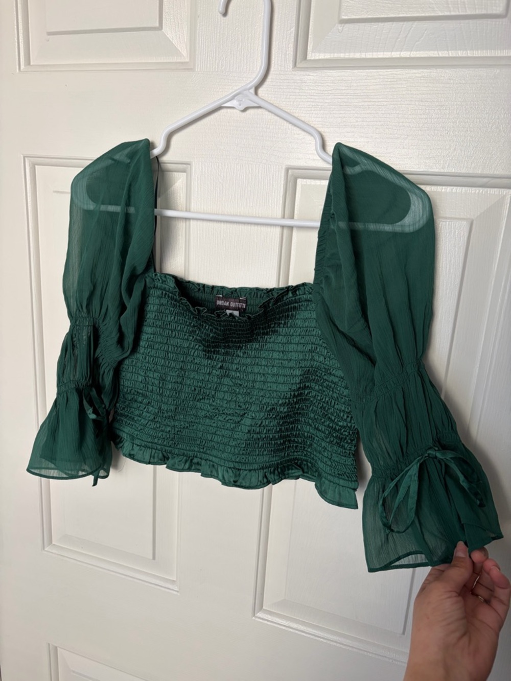 Urban Outfitters Emerald Green Smocked Puff-Sleeve Crop Top